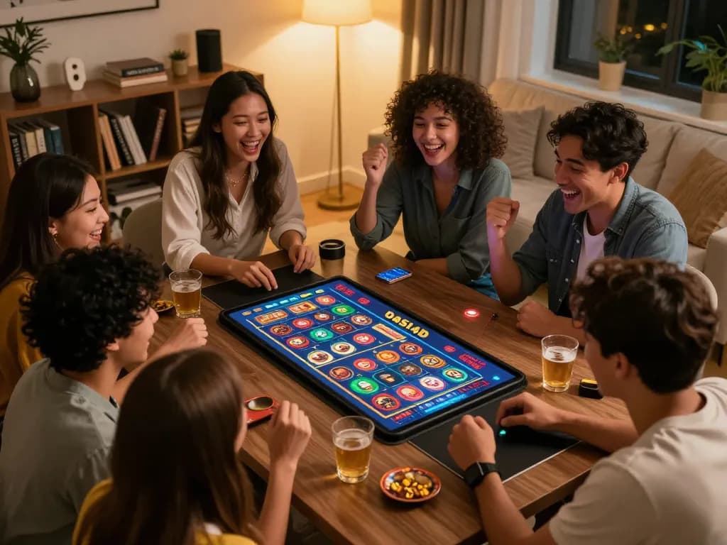 Aplikasi DASI4D ditampilkan di tablet selama malam perjudian di rumah yang menarik dengan teman-teman.