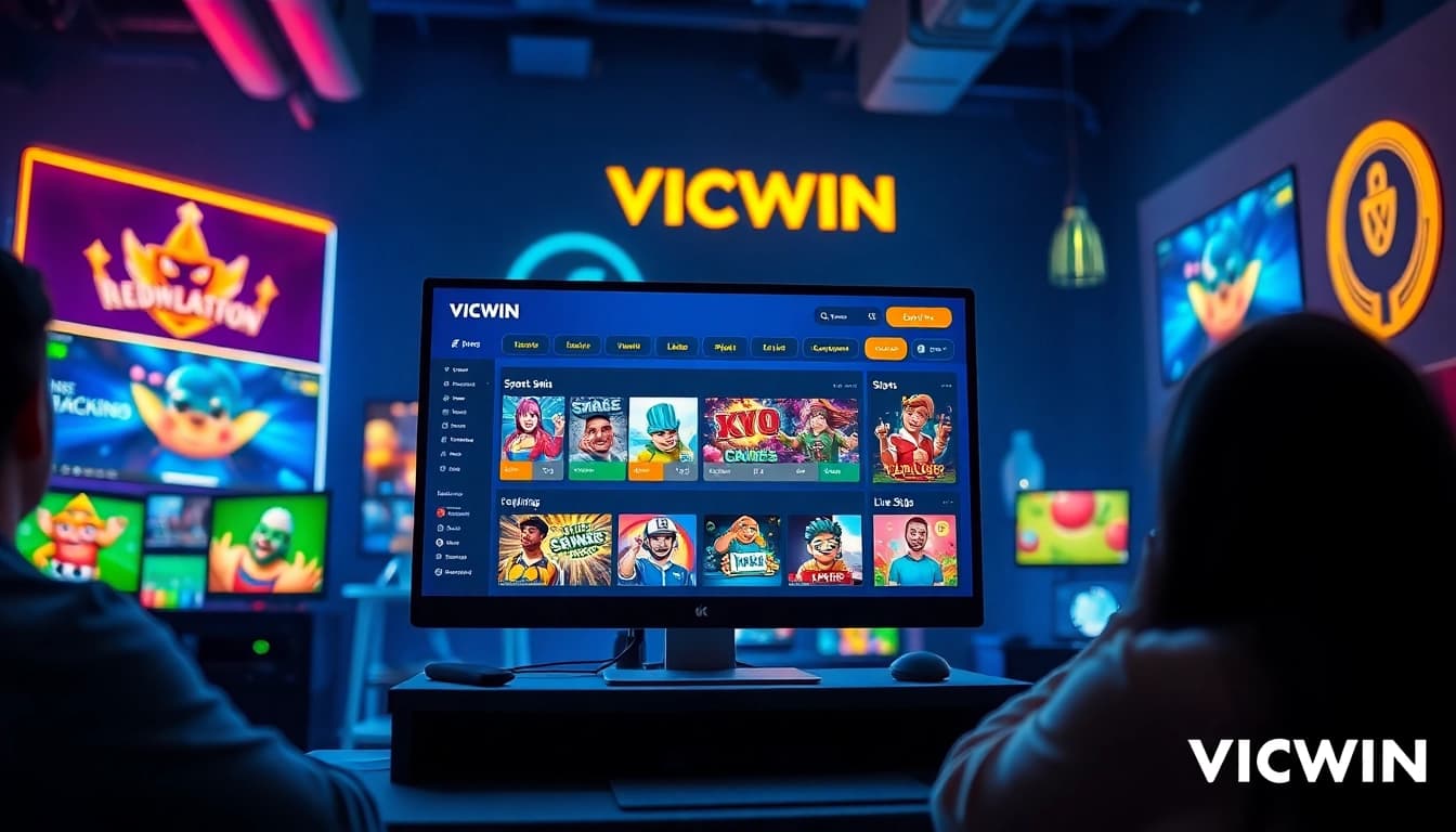 Engaging online gaming scene featuring VICWIN's diverse offerings, showcasing a user-friendly interface and a vibrant atmosphere.
