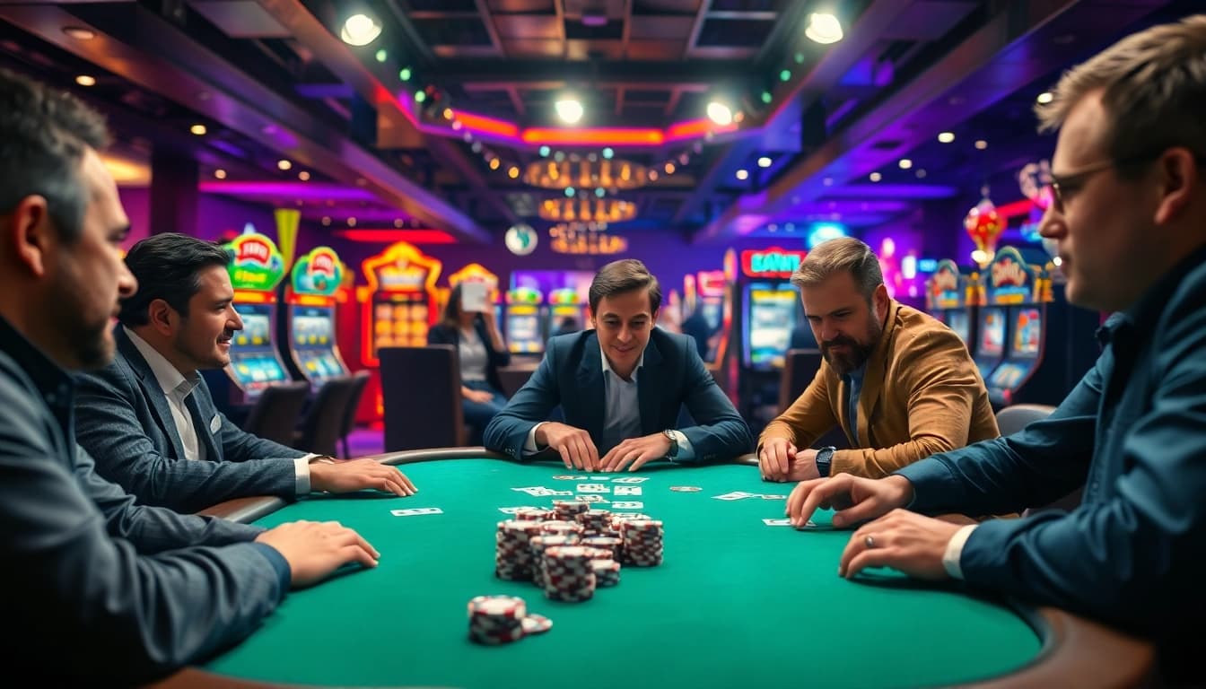 Players enjoying a thrilling card game at a casino, highlighting AT99 excitement and energy.