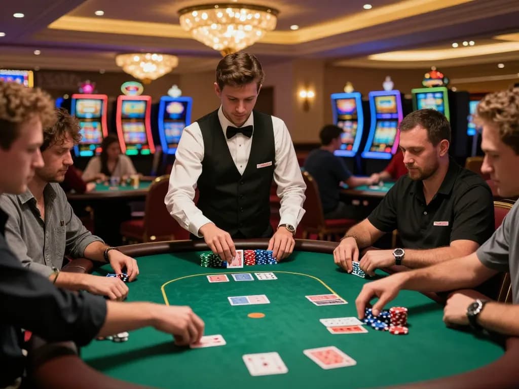 Players engaged in a strategic SC88 poker game at a vibrant casino table with colorful chips.