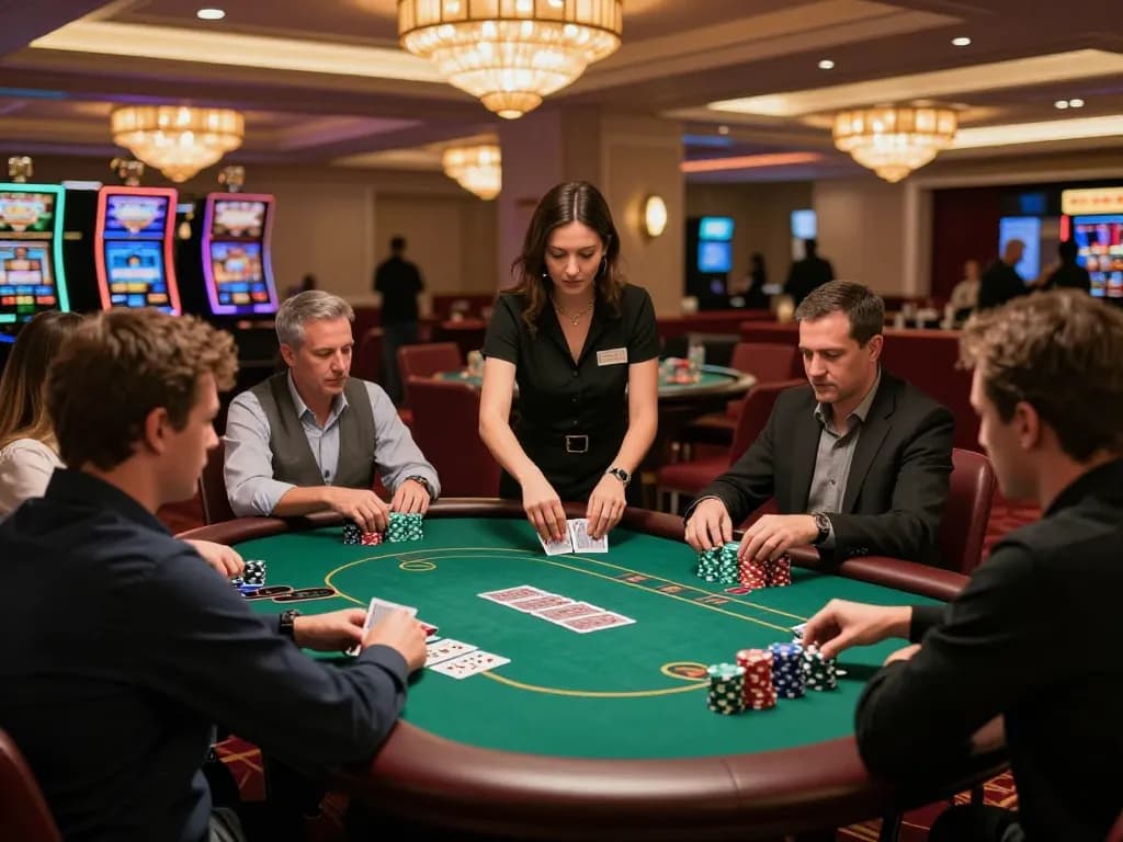 SC88 poker game in action with players focused and chips stacked, showcasing strategy and excitement in a luxury casino setting.