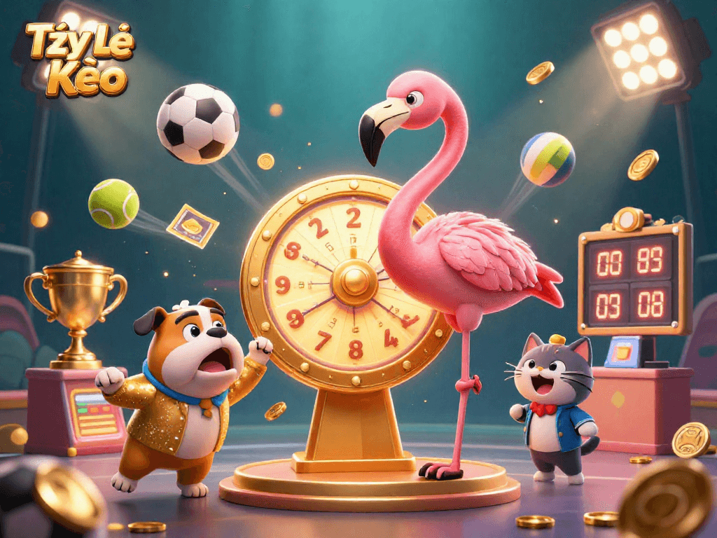 Tỷ Lệ Kèo action illustrated with a vibrant game show scene featuring energetic characters and sports elements.