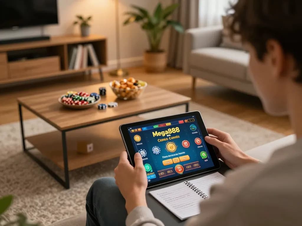 Engaging in Mega888 APK gameplay on a tablet in a cozy living room, highlighting responsible gaming