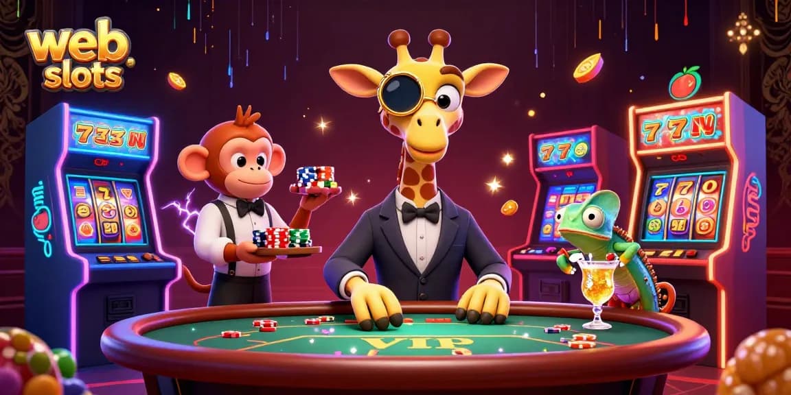 Experience thrilling web slots adventures with a high-roller giraffe and vibrant gaming elements.