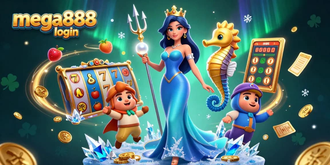 Terlibat dengan mega888 login yang menampilkan seorang wanita cantik, raja kuda laut, dan simbol slot yang memukau.
