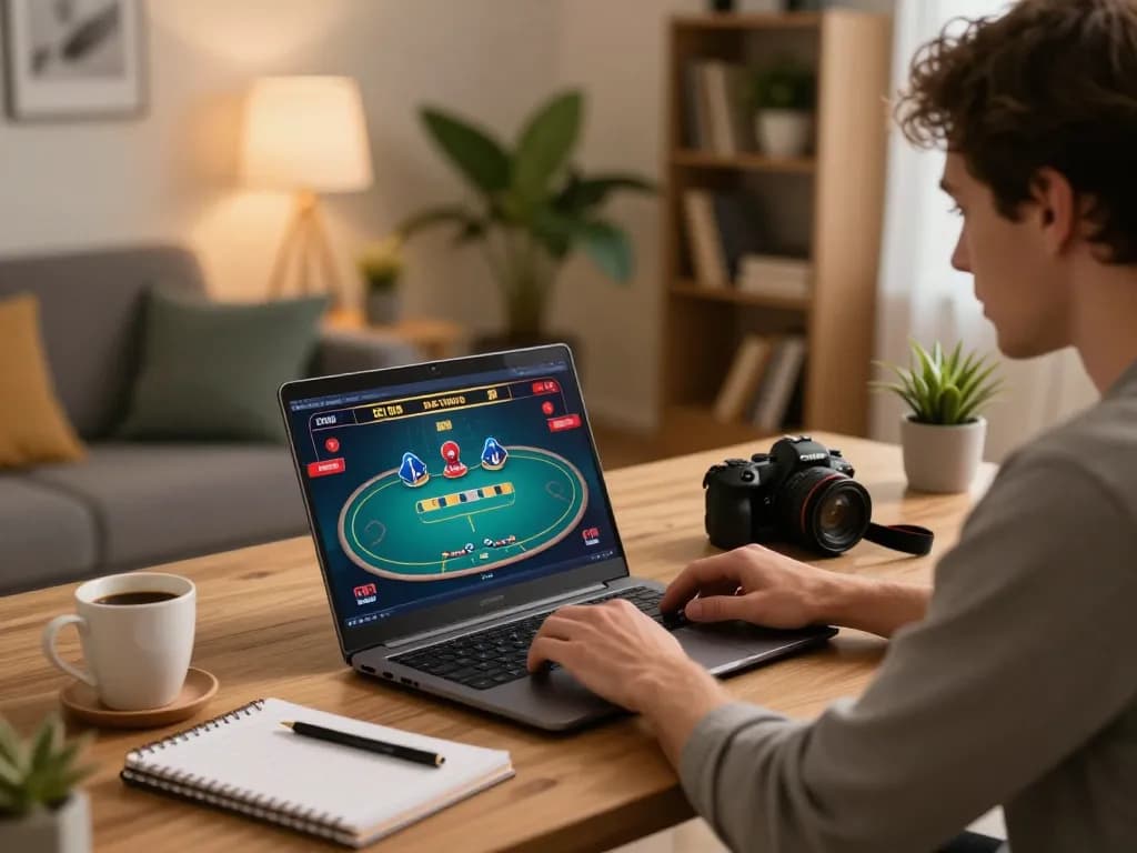 Player enjoying online gambling with 789f ink strategy notes at cozy home workspace