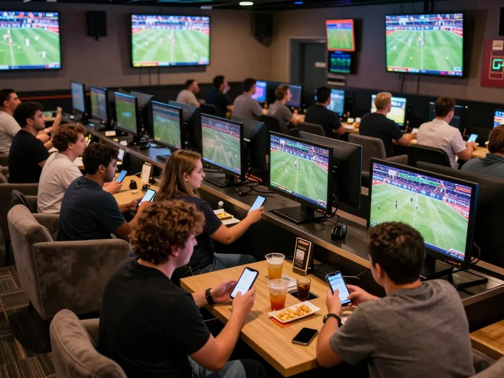 Bsport users engaging in live betting while enjoying sports action in a vibrant lounge atmosphere