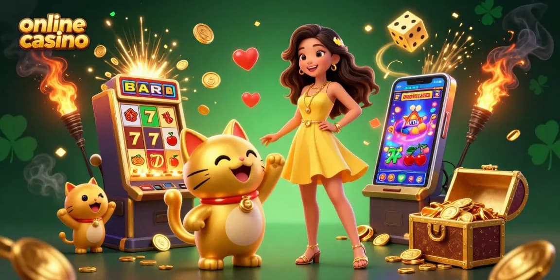 Engage with an online casino featuring vibrant characters, slot machines, and exciting gameplay.