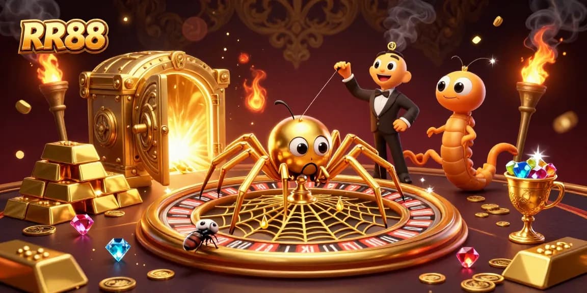 Place bets with RR88 at a vibrant casino scene featuring a roulette wheel and dynamic characters.