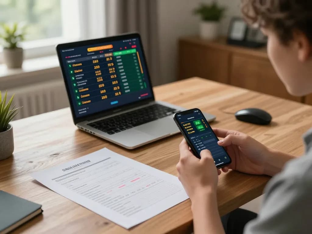 Engaging in sports betting on https://keonhacai5.mobi/ with odds displayed on a smartphone, creating an inviting home office atmosphere.