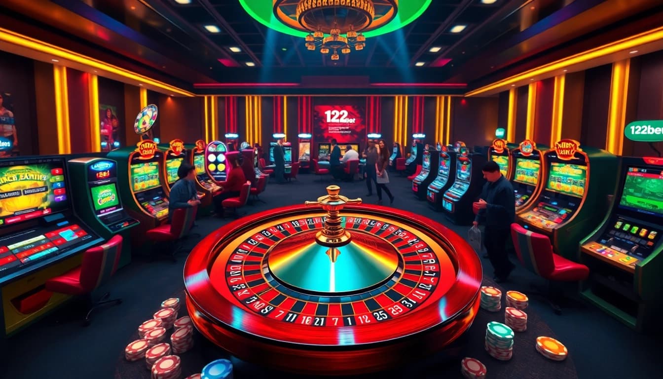 Experience luxury gambling action with various games at 123bet, featuring vibrant visuals and a roulette wheel.