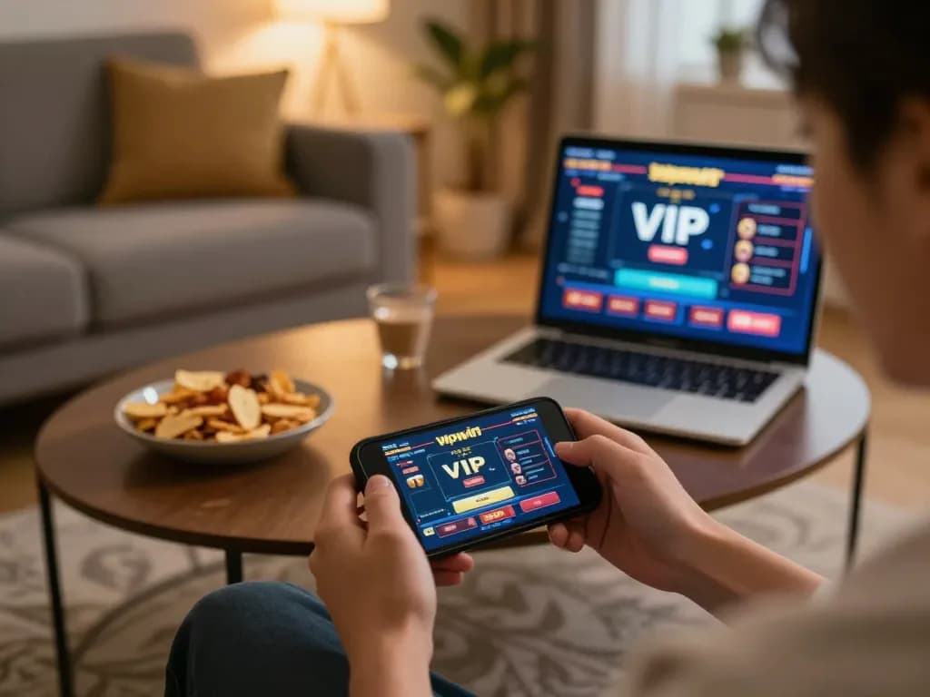 Player enjoying exciting gameplay at Vipwin on their smartphone in a cozy living room.