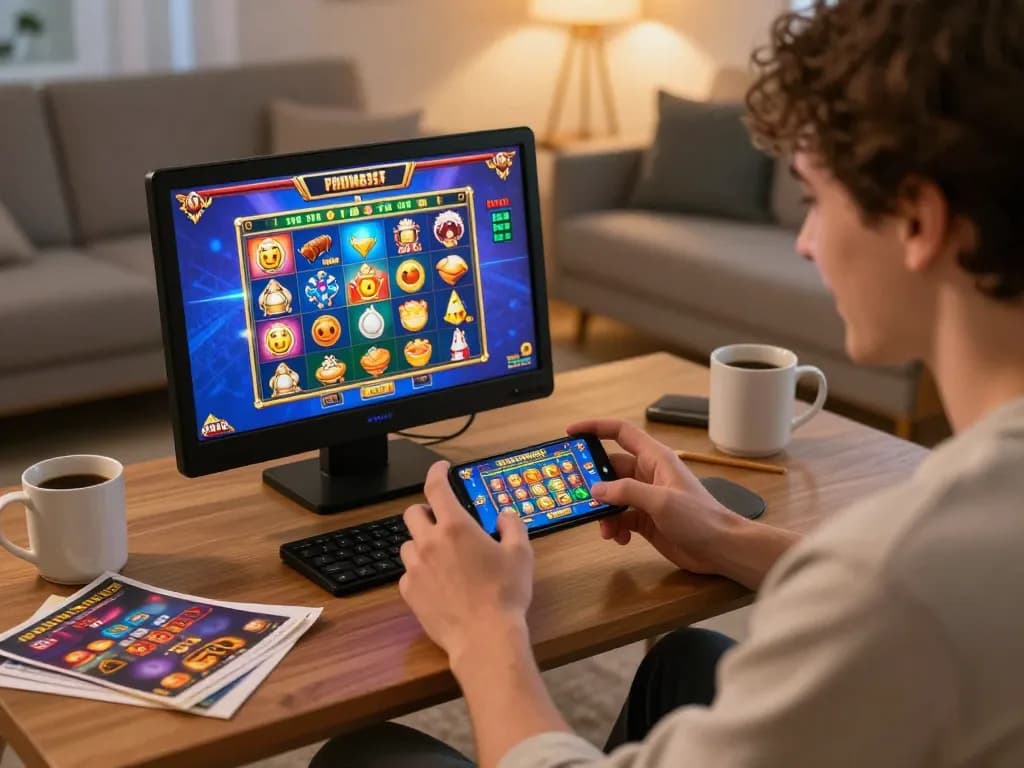 Pemain Bintangmpo menikmati slot online di smartphone dalam suasana ruang tamu yang nyaman