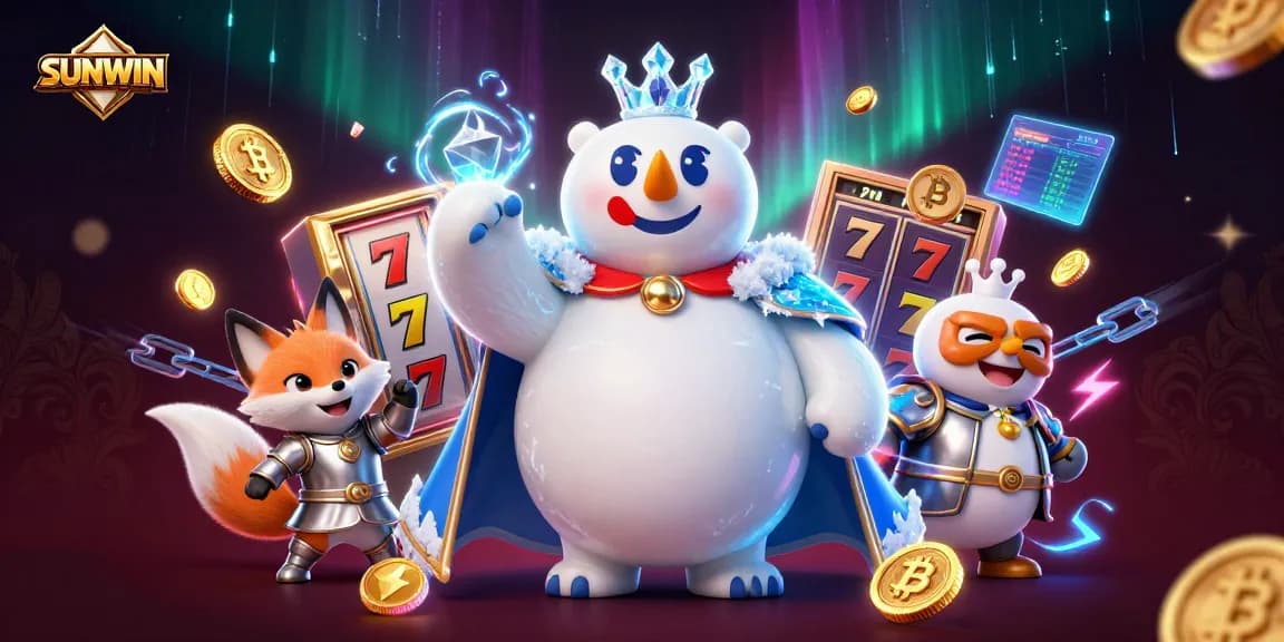 SUNWIN thrilling jackpot scene with cartoon polar bear and fox amidst vibrant casino elements.