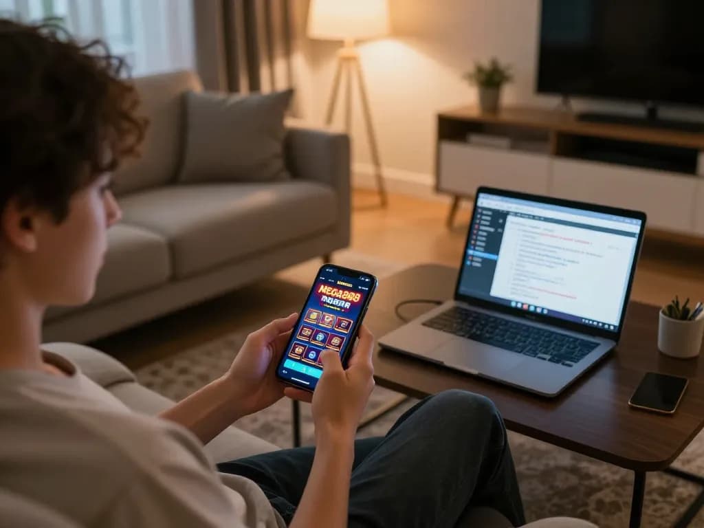 Engaging in mega888 apk download for android mobile on a smartphone in a cozy living room.