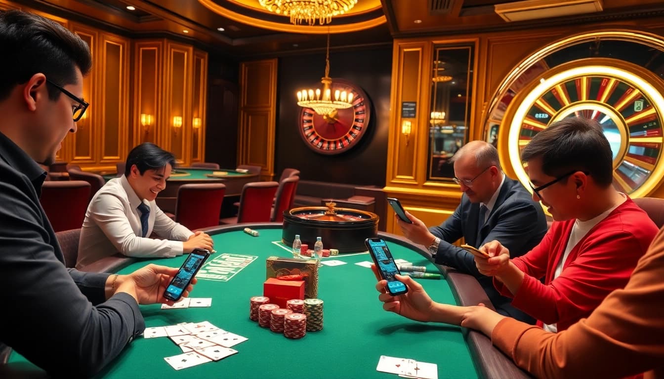 Exciting Judi Bola betting scene in a luxury casino with players engaged in soccer betting.