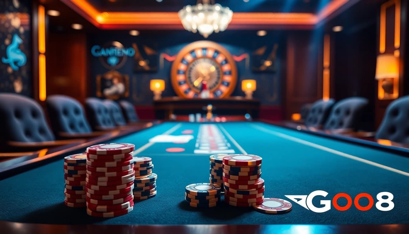 Stake a winning hand at the GO8 poker table, surrounded by vibrant chips and a glittering roulette wheel.