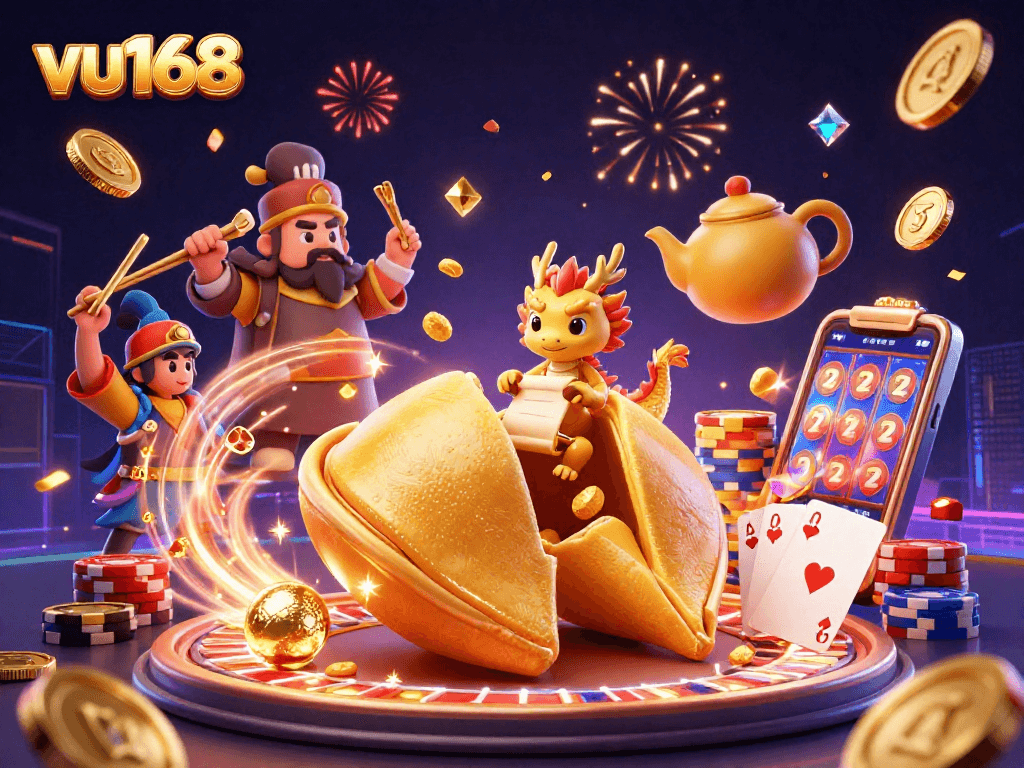 Bet on exciting games at vu168 with the giant golden fortune cookie and wise dragon.