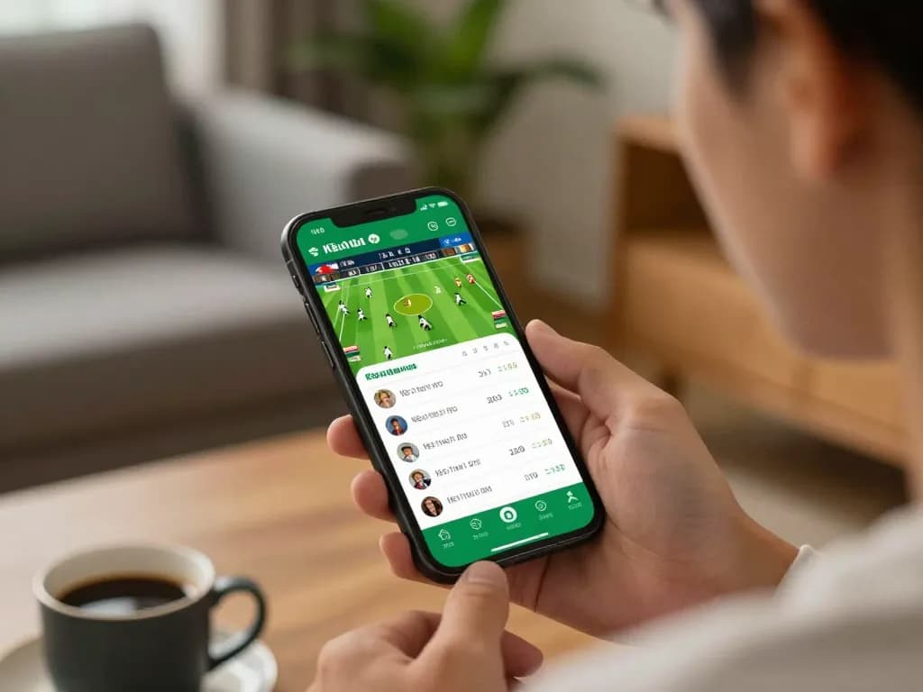 Engaging person using smartphone for keonhacai sports betting with real-time odds.