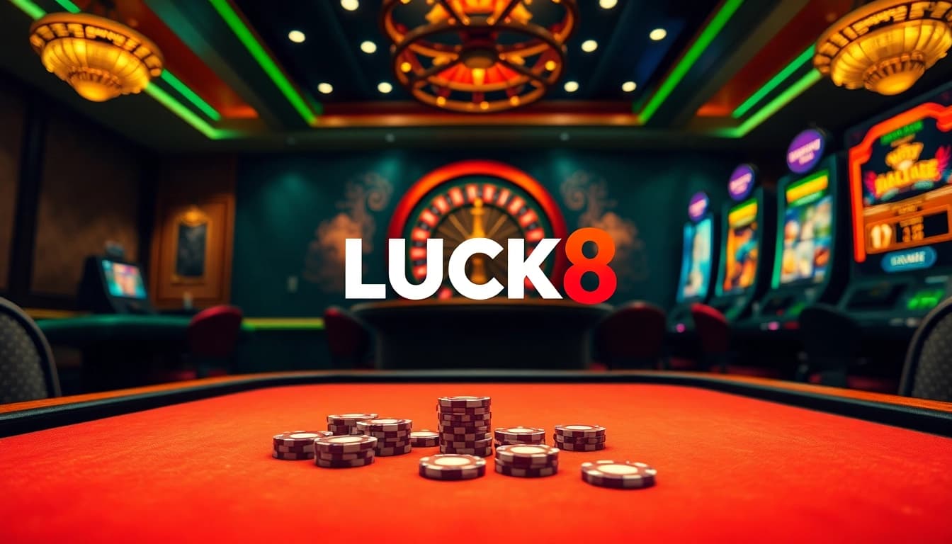LUCK8 online casino interface showcasing vibrant poker chips and roulette wheel for an exciting gaming experience.