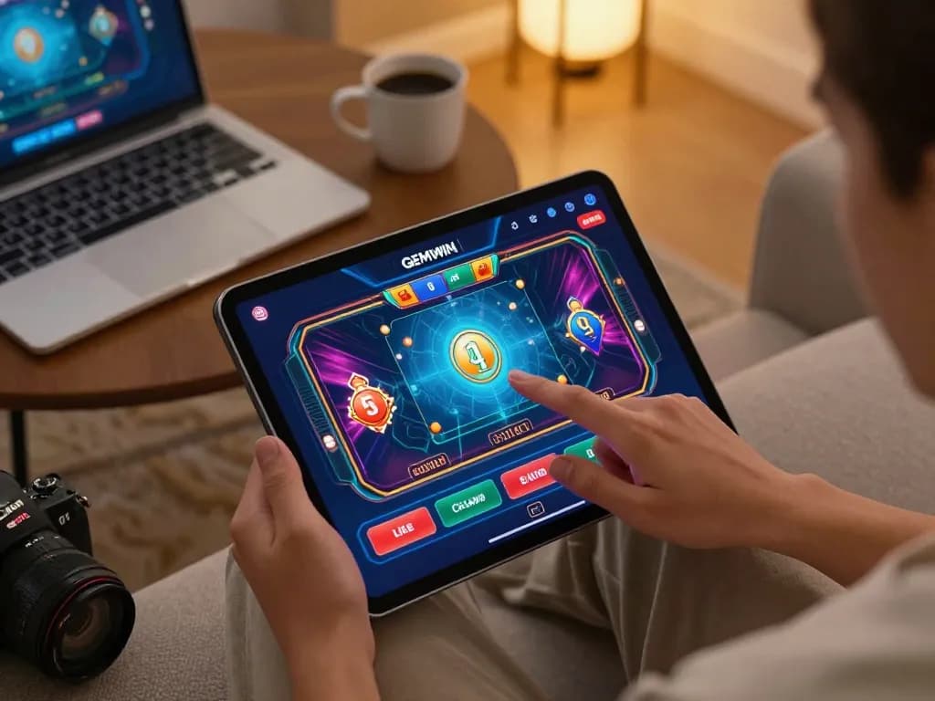 Engaging player using GEMWIN tablet to enjoy live dealer games in a cozy home setting