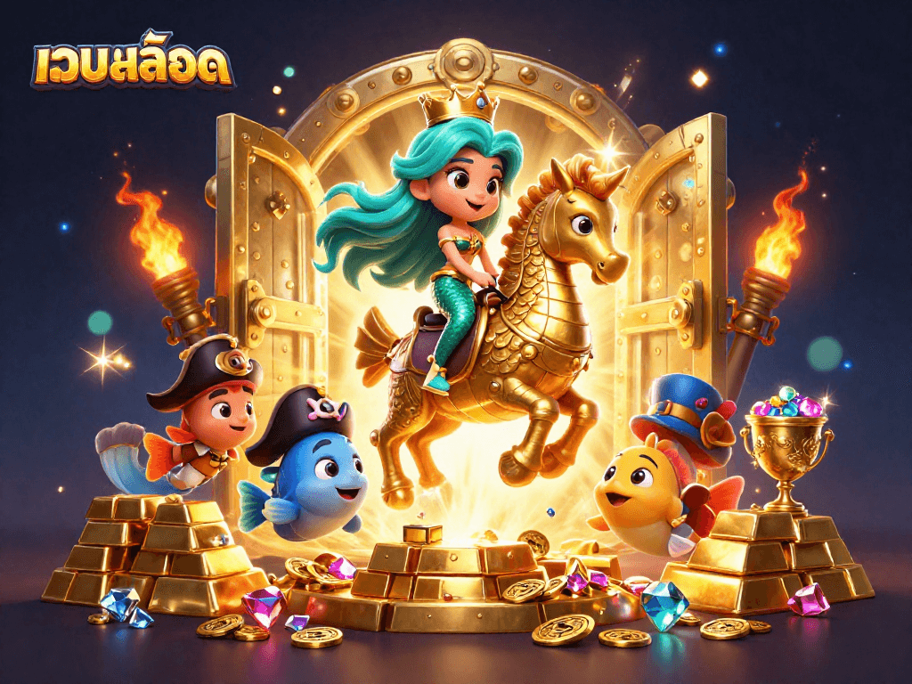 Engage with เว็บสล็อต through stunning graphics featuring a mermaid princess, gold treasures, and vibrant characters.