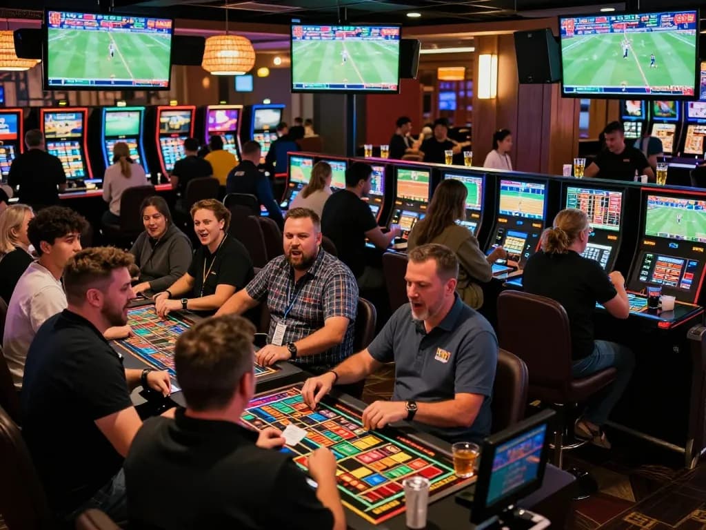 Betting enthusiasts engaging with sports events at soc88's lively casino