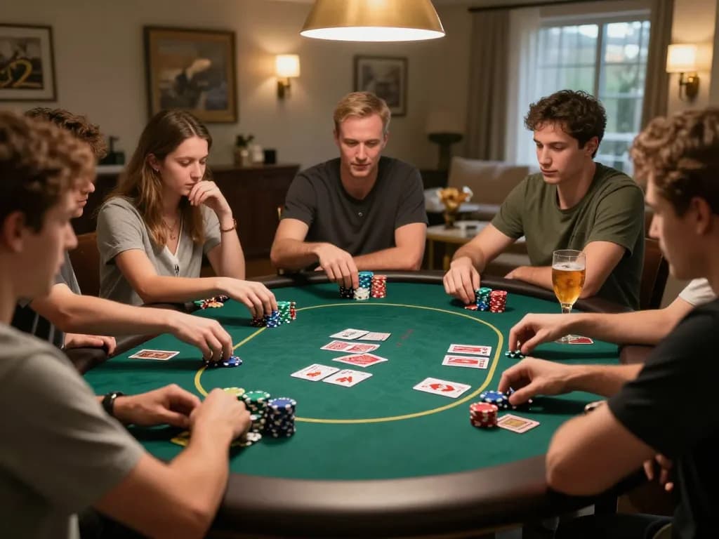 Engaging home poker game night showcasing friends playing Texas Hold'em with colorful chips, enhancing kerajaanslot experience.