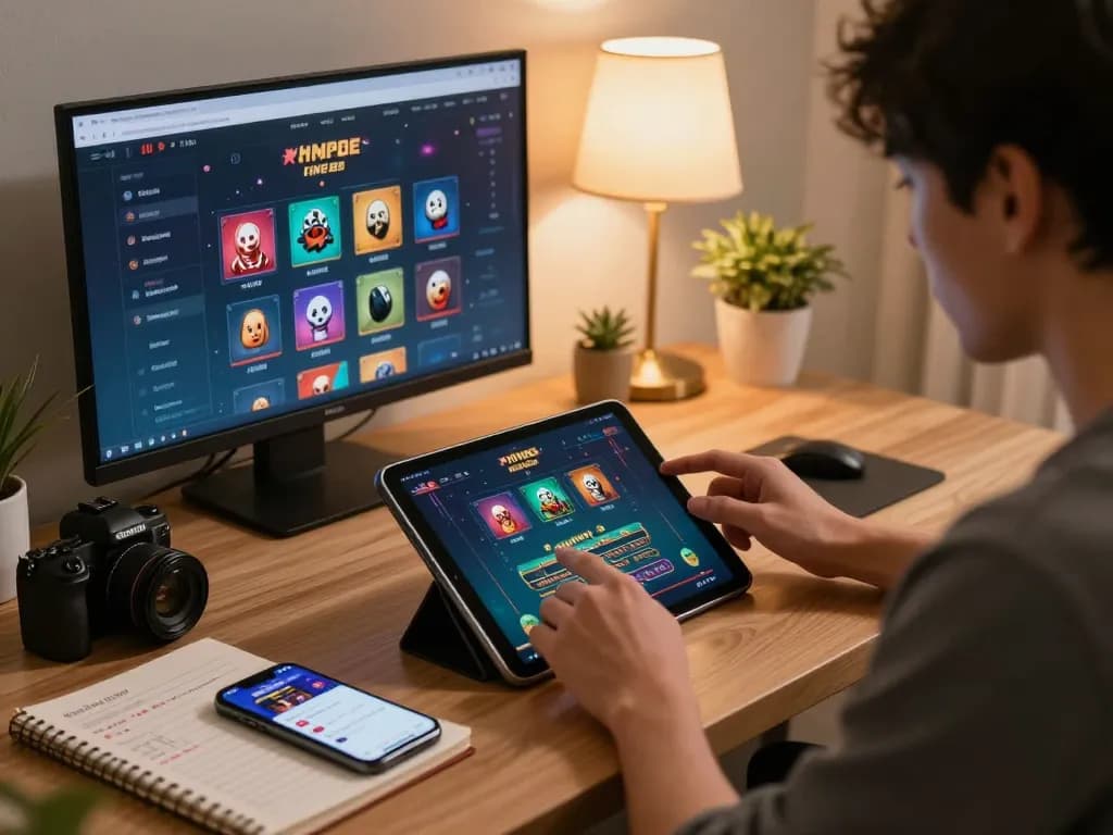 KONG88 user engaging with live dealer games on a tablet, showcasing focused gameplay strategy in stylish home setup.