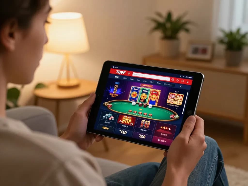 Engaging scene of user accessing the 789F APP for online casino gaming, showcasing vibrant poker and slots options.