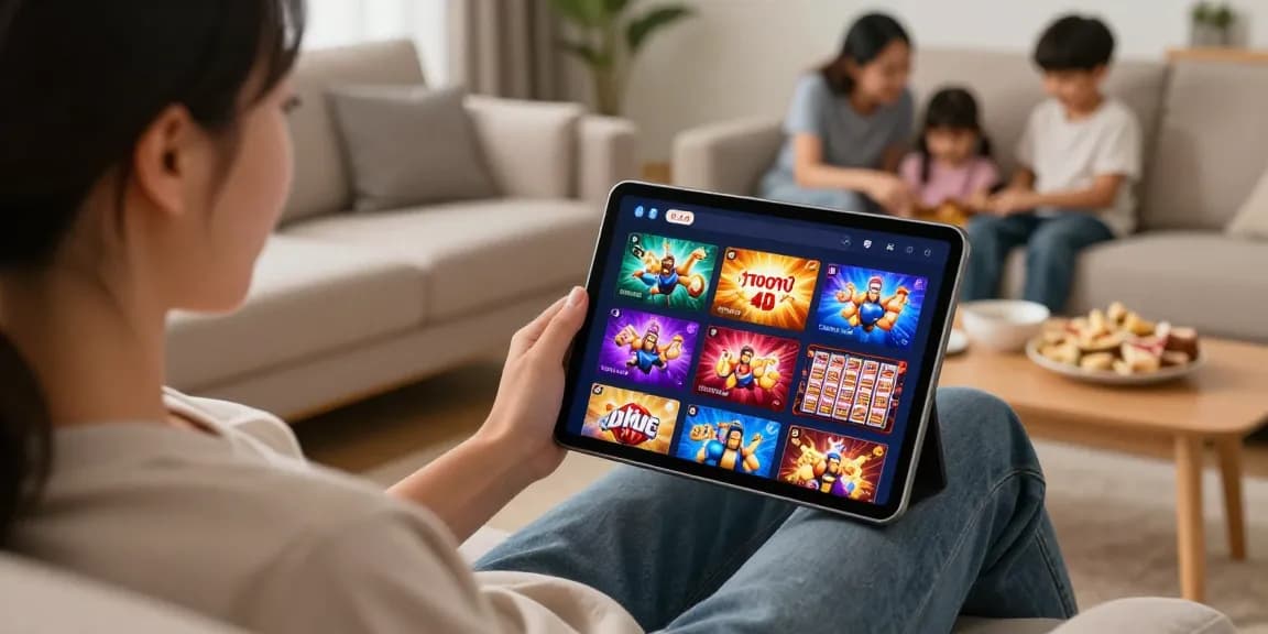 Pengguna menikmati pengalaman bermain terjun4d di ruang tamu yang nyaman, menjelajahi permainan slot online.