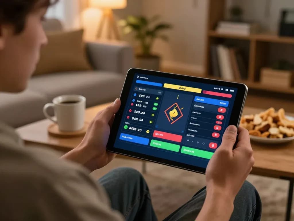 Player using F168 app for sports betting, surrounded by cozy home setting and strategic elements.