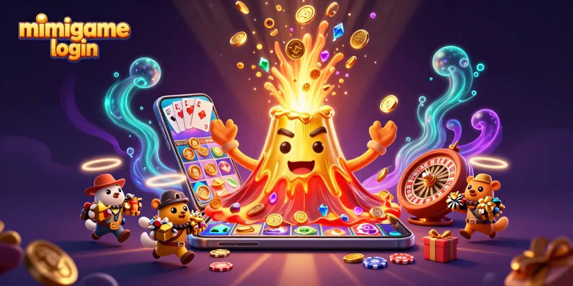 Experience the thrill of mimigame login with a golden volcano erupting coins in this vibrant illustration.