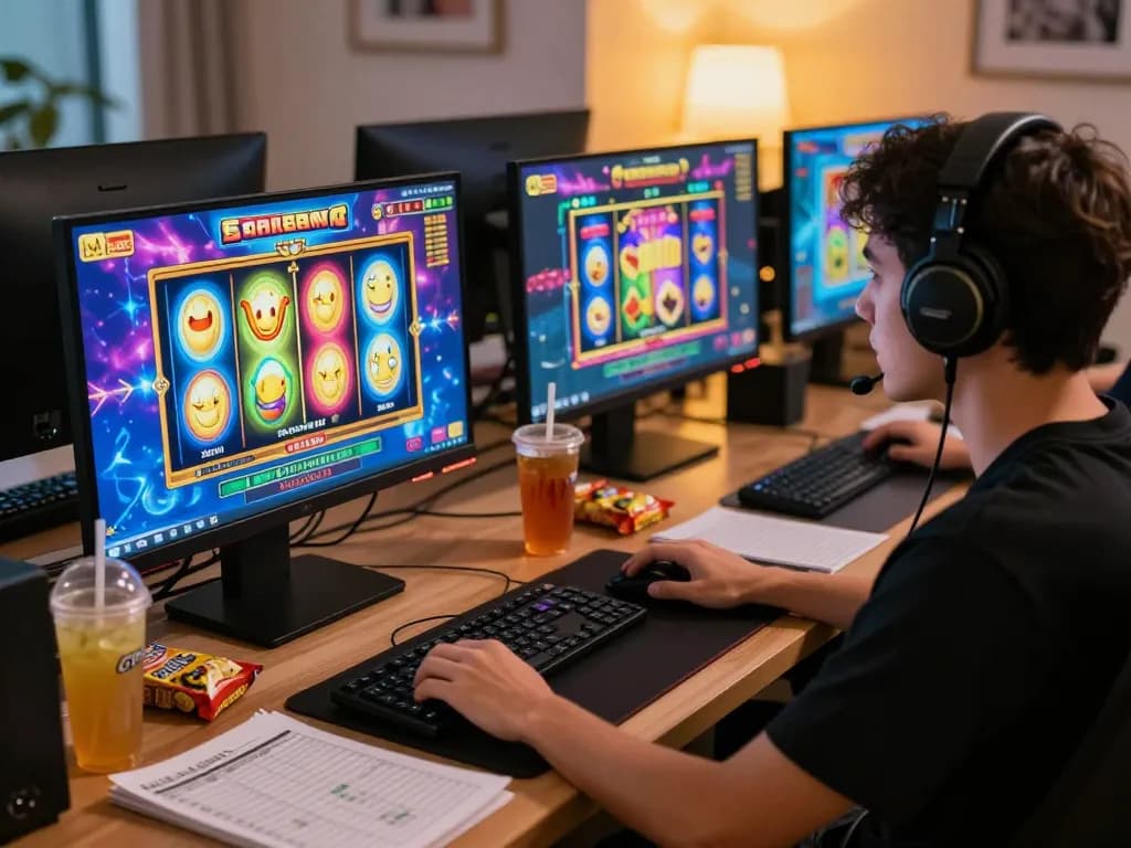 Player immersed in slot gacor gameplay on multiple screens, showcasing modern online gambling experience