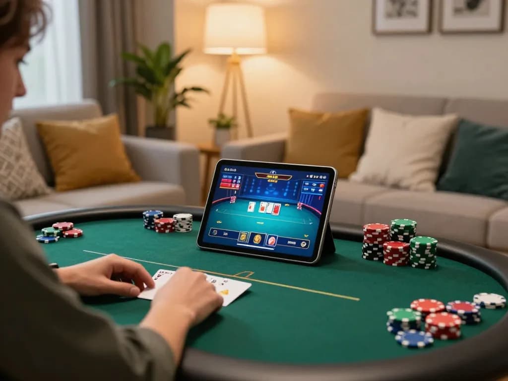 Player engaging in an exciting online poker game at home with xo88, showcasing colorful chips and an immersive screen.