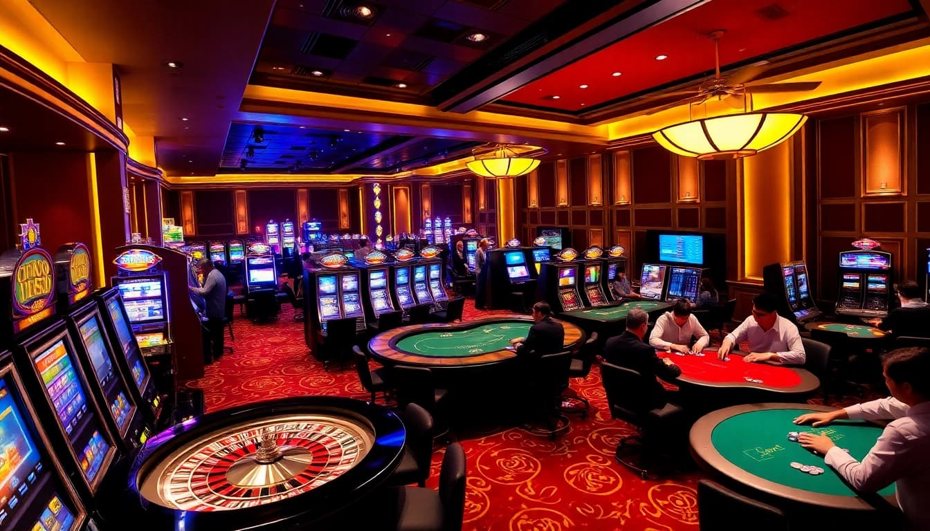 SODO66 casino gaming floor bustling with excitement, featuring poker tables and slot machines.