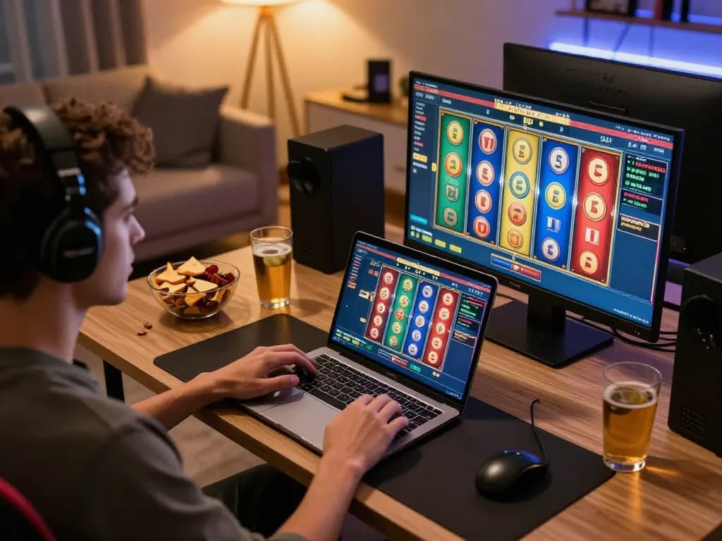 Engaging in online gaming with FAFA 828 on a laptop, showcasing vibrant slot reels in a cozy home office.