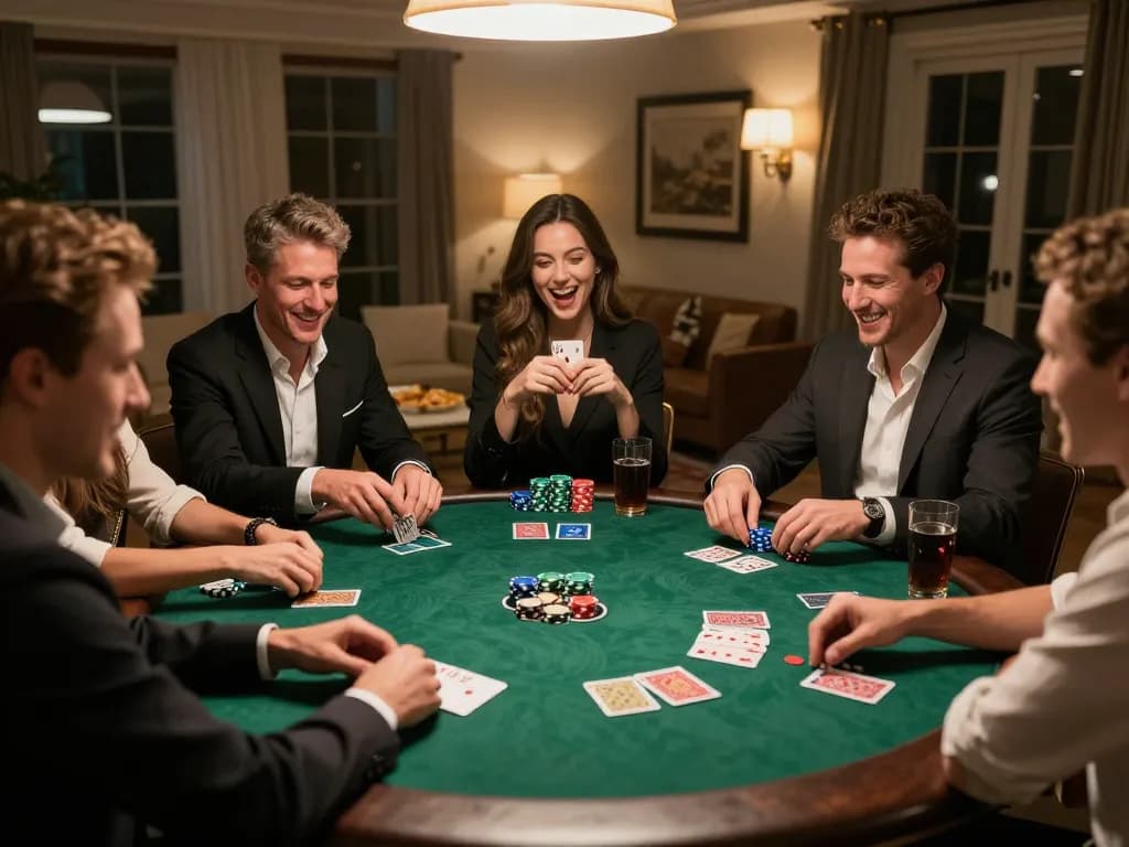 Friends enjoying a poker game night, showcasing the fun social environment at trang chủ shbet with strategic gameplay.