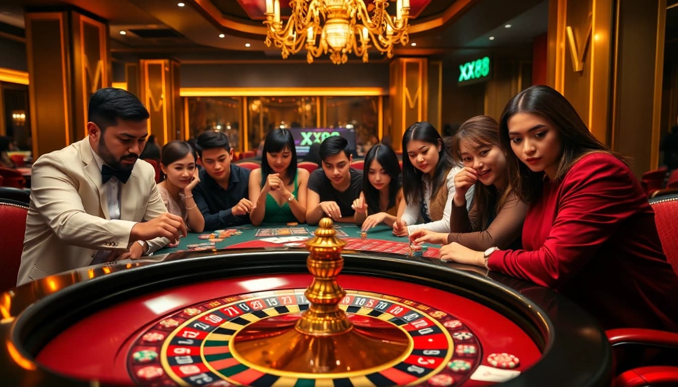 Players enjoying high-stakes games at XX 88 casino, showcasing poker chips and a roulette wheel.