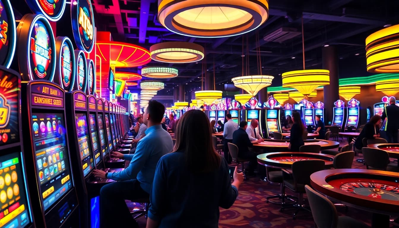 AT99 casino gaming floor featuring players interacting with vibrant slot machines.