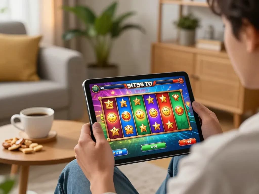 Situs slot gaming session displayed on a tablet in a cozy living room setting
