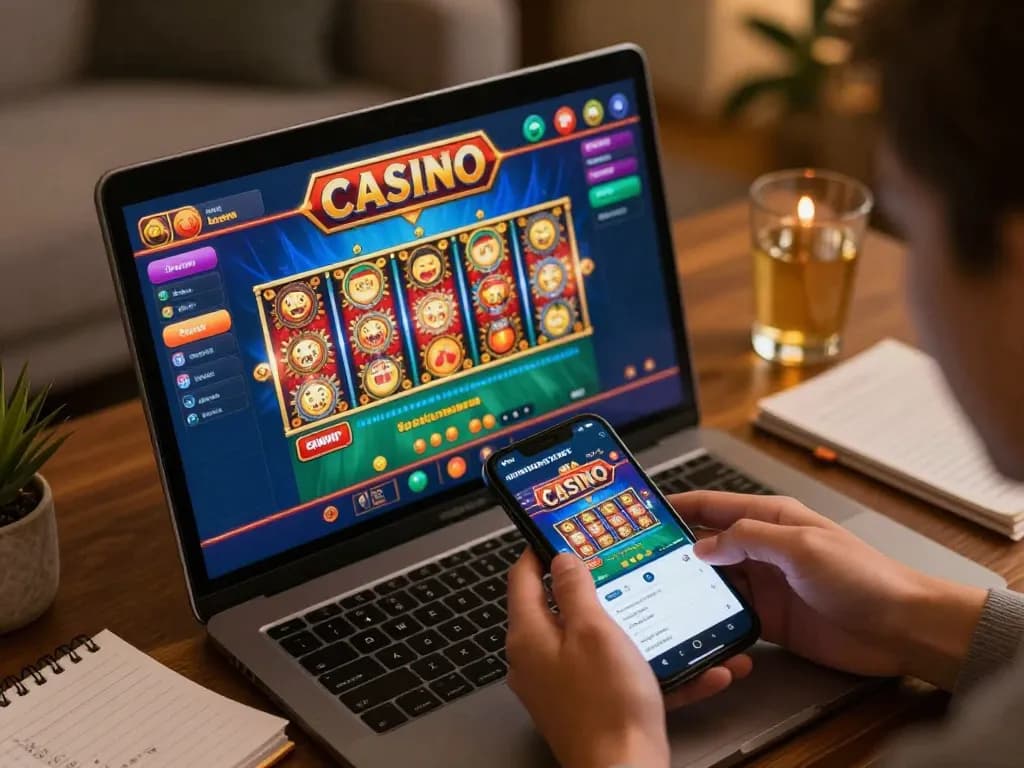 Engaged player enjoying CASINO ONE88 app on mobile device, surrounded by notes and drinks, cozy home atmosphere
