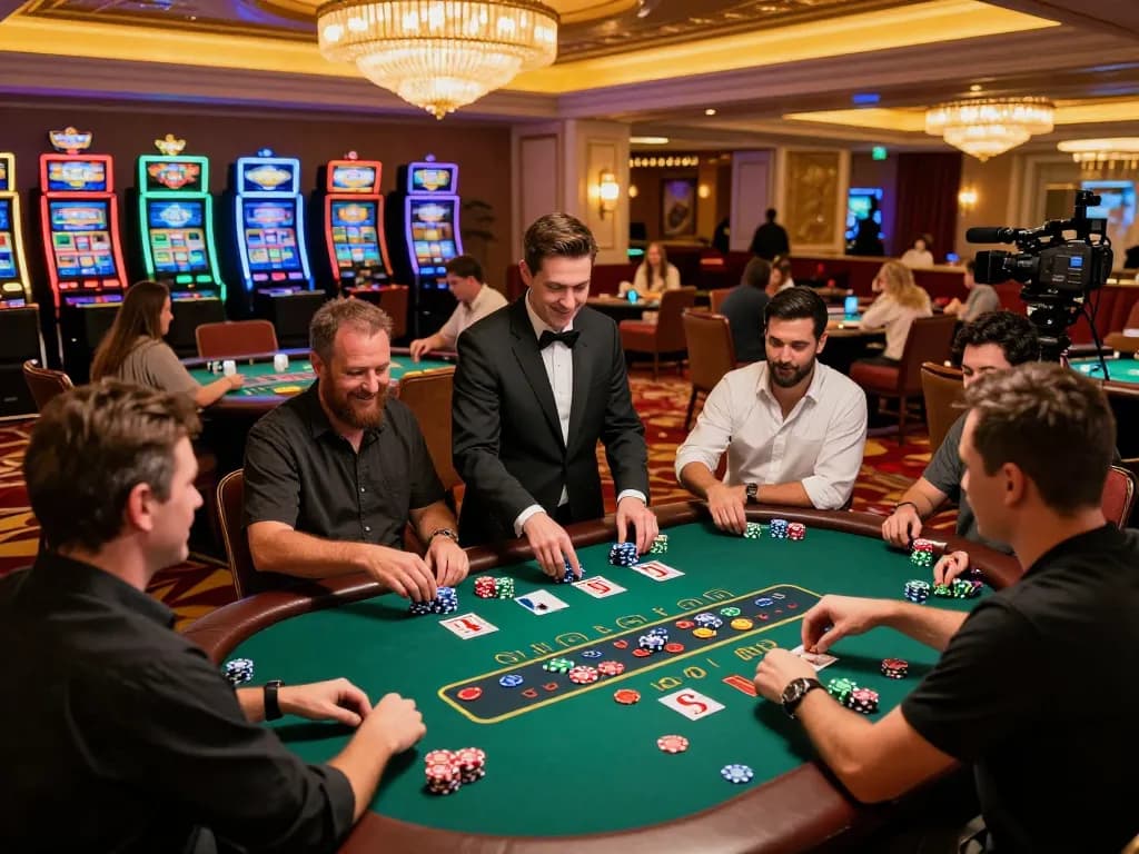 Casino players engaging at blackjack tables, vibrant atmosphere with colorful chips and warm lighting.