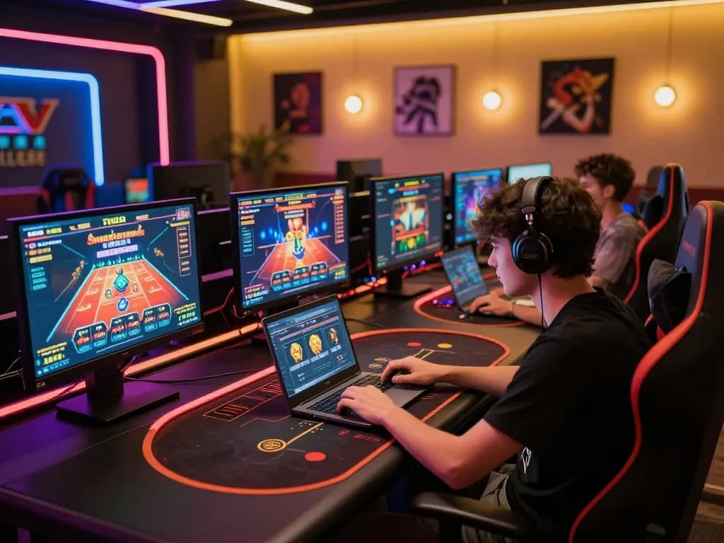 Player engaged in thrilling Ta88 online gaming session with multiple screens and ambient lighting