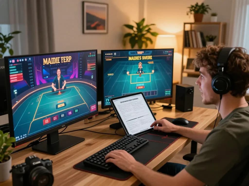 Bangsawan88 daftar in action with a player immersed in online casino gaming in a stylish home office.