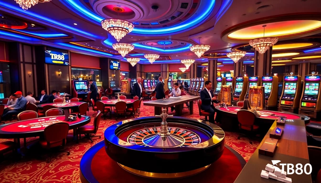 Experience thrilling gaming at TR88, featuring vibrant casino tables and eager players.