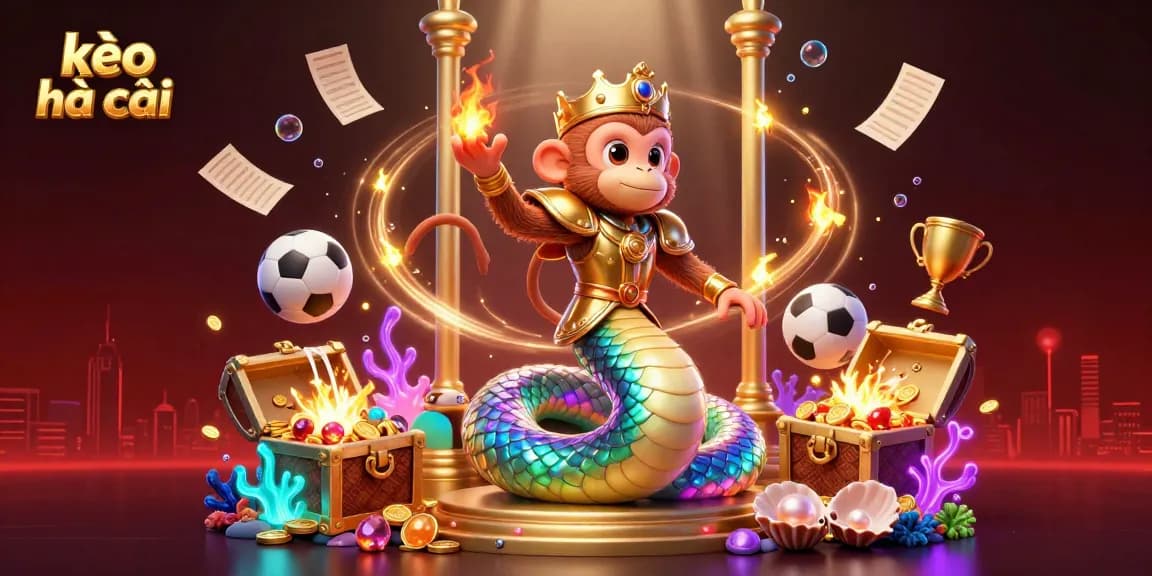 Engage with kèo nhà cái in this vibrant 3D scene featuring a playful monkey king and colorful sports betting elements.