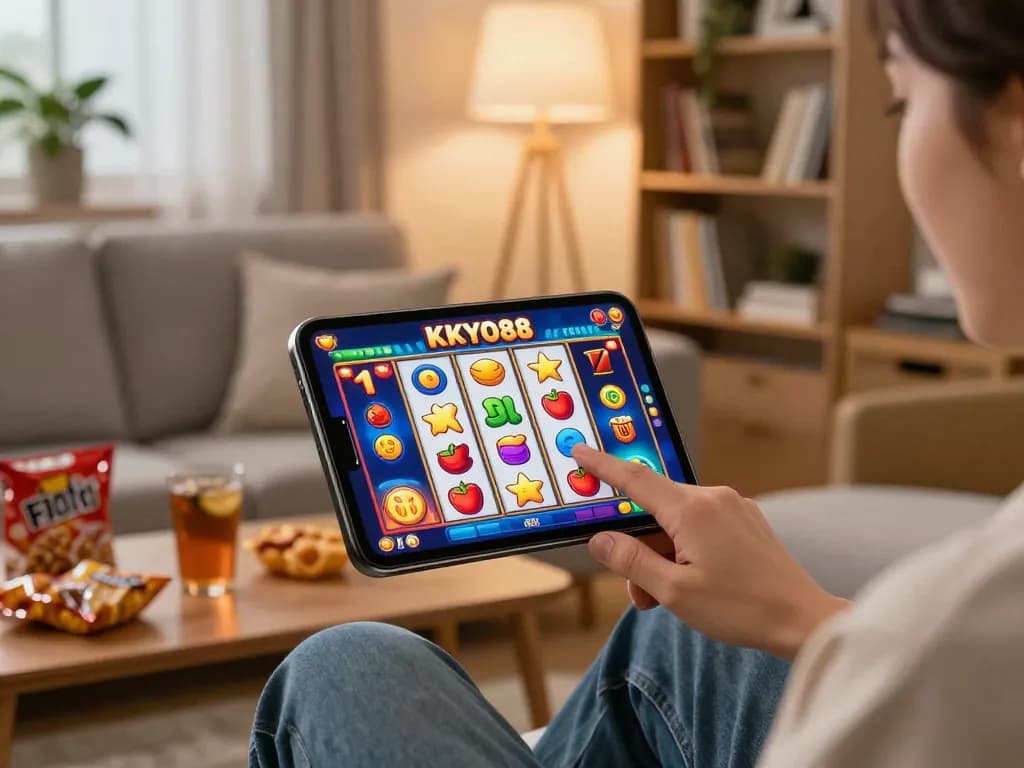 Pemain berinteraksi dengan aplikasi mesin slot tokyo88 di smartphone di ruang tamu yang nyaman.