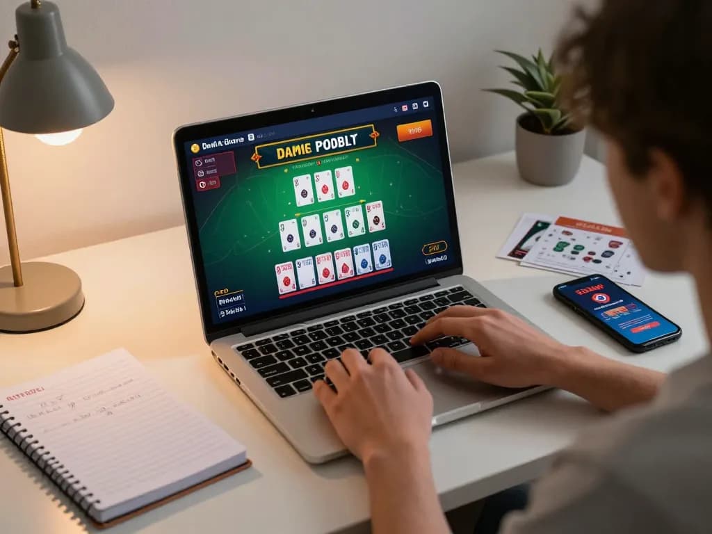 Engaged player exploring dewaslot online games on laptop with strategic notes and casino app nearby.