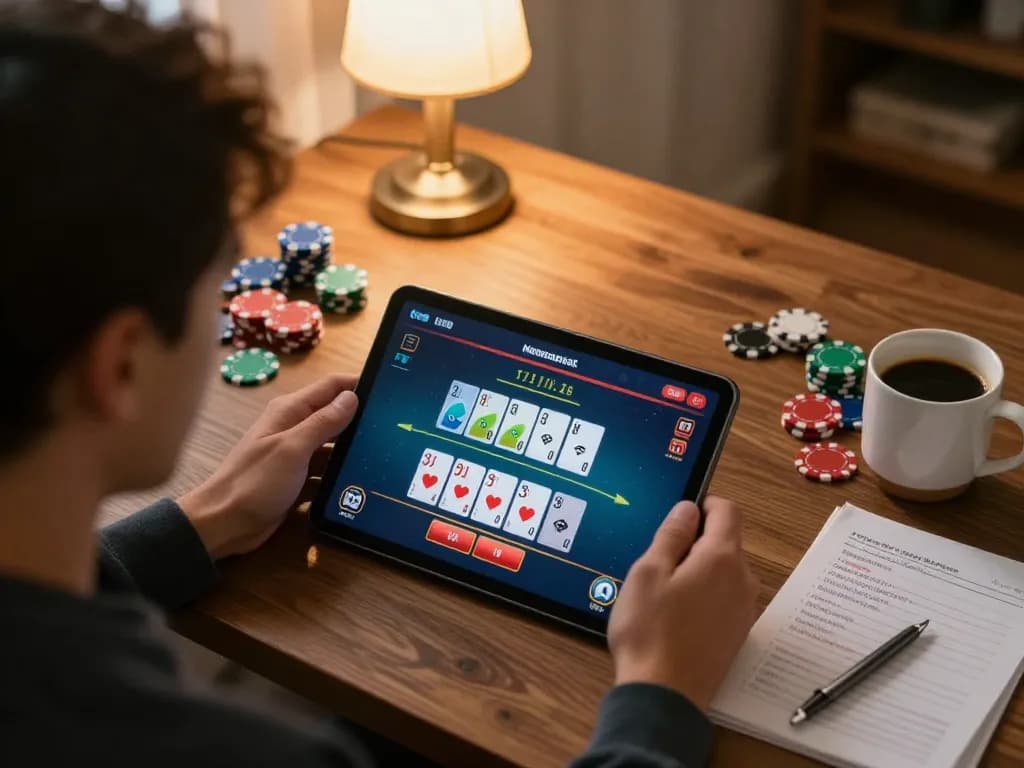 Engaging in metamask gambling while playing blackjack on a tablet in a cozy home setting.